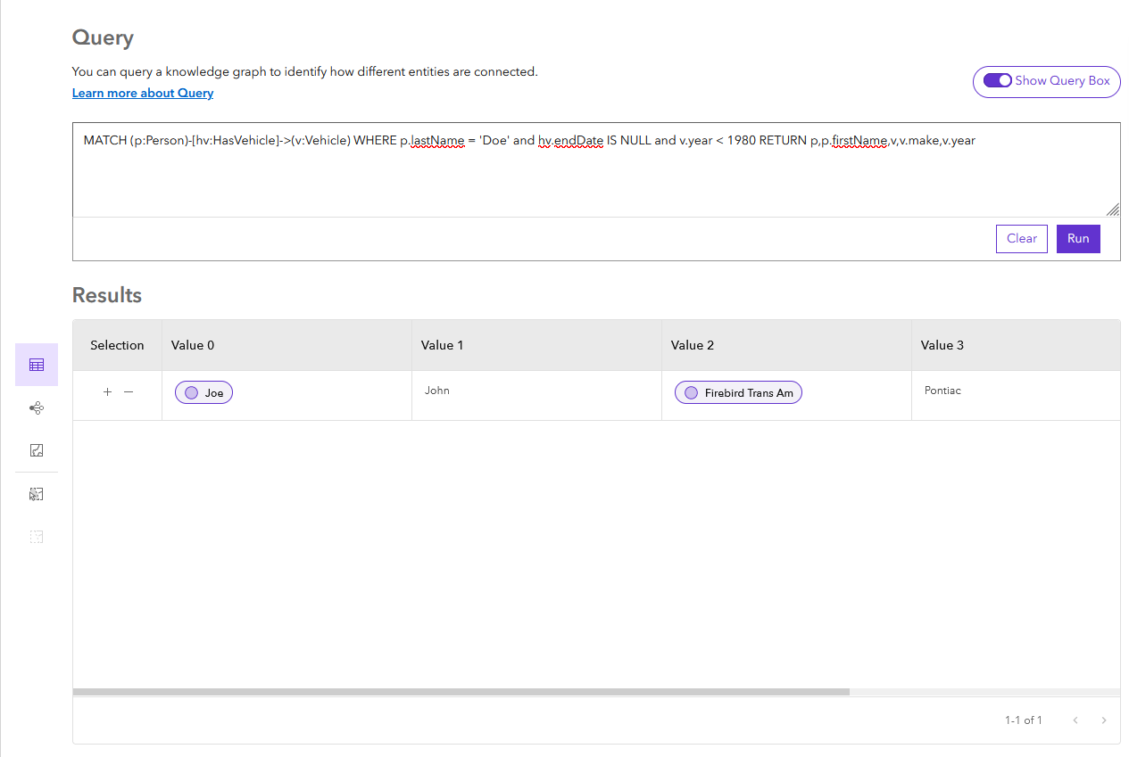 Properties of the origin entity, the relationship, and the destination entity are considered to get a specific set of results. Properties of the origin entity, the relationship, and the destination entity are considered to get a specific set of results.